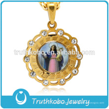 Colgante de oro de 18 quilates y oración católica Neckalce Jesús Madre Virgen colgante con piedra CZ